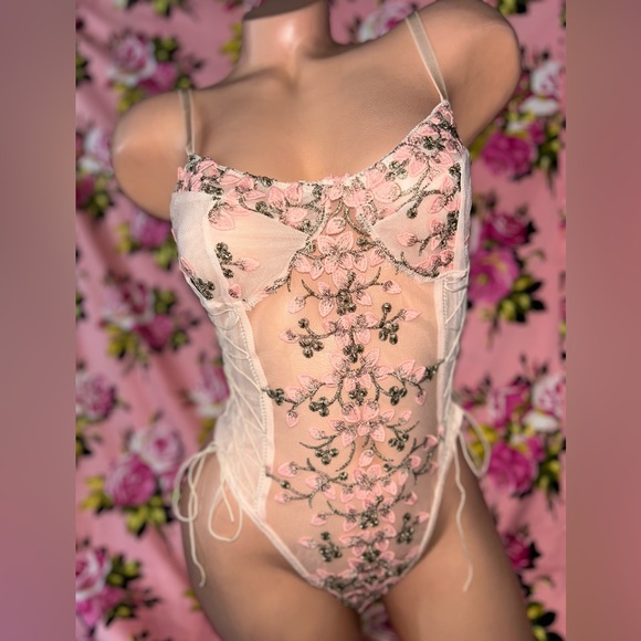 Other - Pink floral corset lace up bodysuit romper teddy bachelorette wedding gift C3